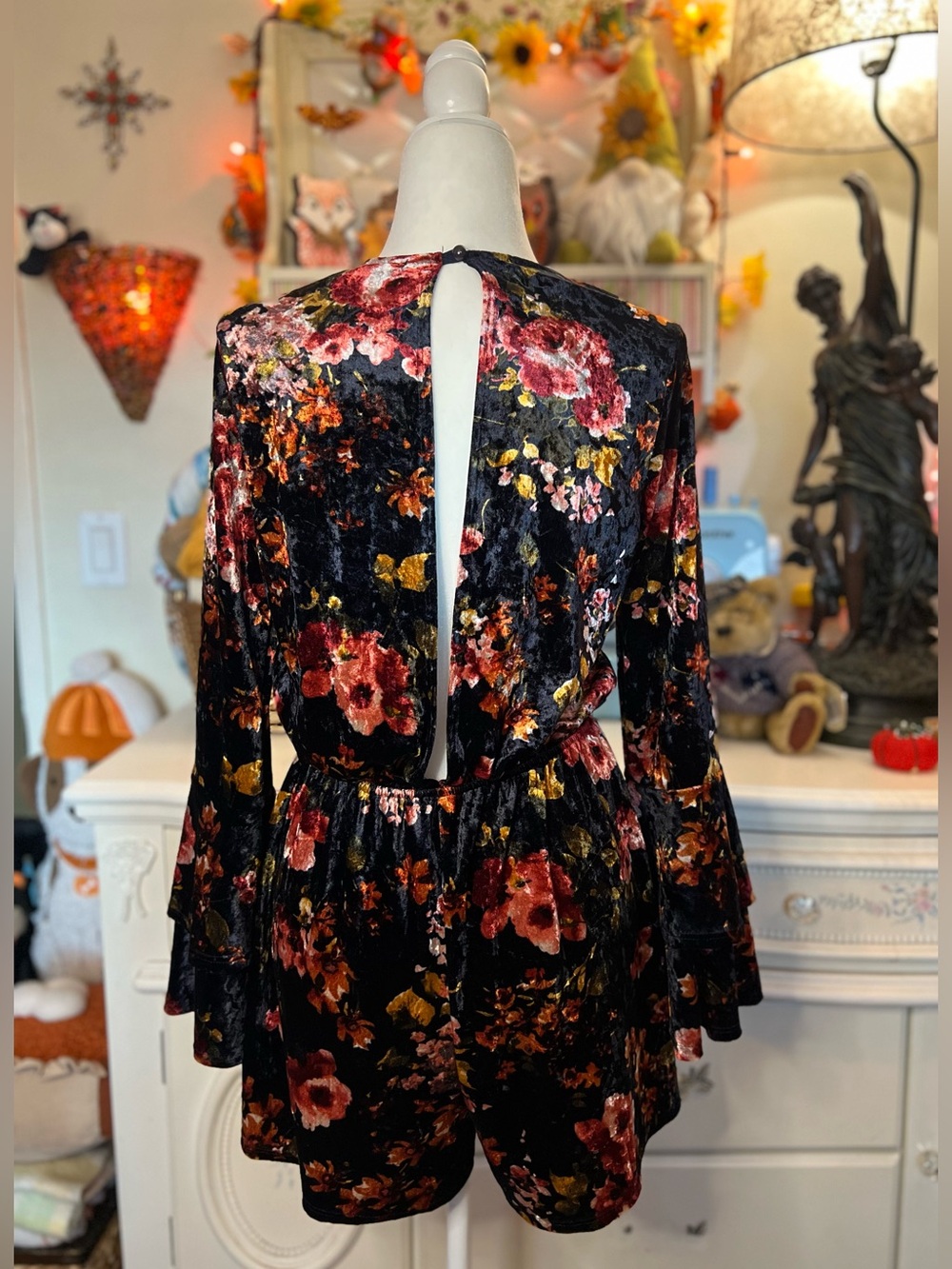 Charlotte Russe Black Velvet Floral Crisscross Romper with Red & Gold Blooms - Picture 2 of 3